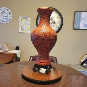 21" Vintage Marwal Cinnabar Style Relief Vase Hollywood Regency w/ Stand